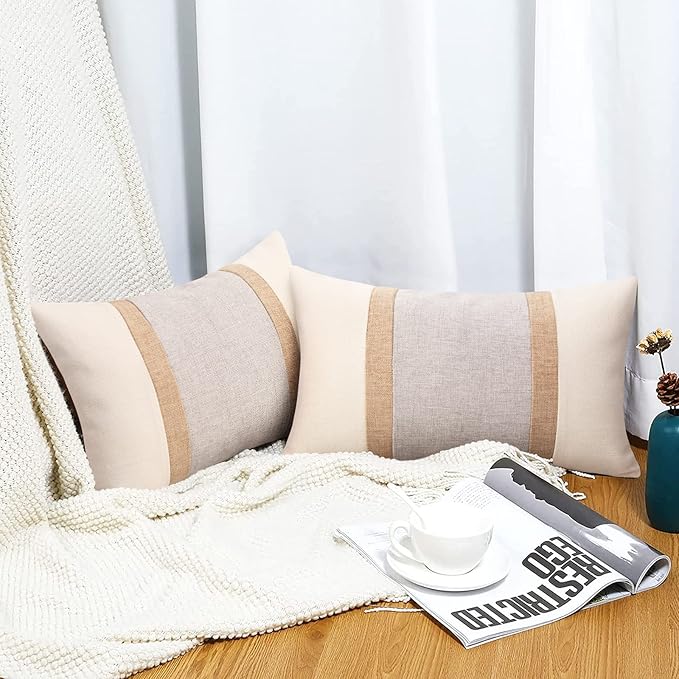 Pyonic Pack of 2 Boho Throw Pillow Covers Farmhouse Decorative Lumbar Pillowcases for Couch Sofa Living Room Outdoor Decor,Cream White and Grey,12 x 20 Inch