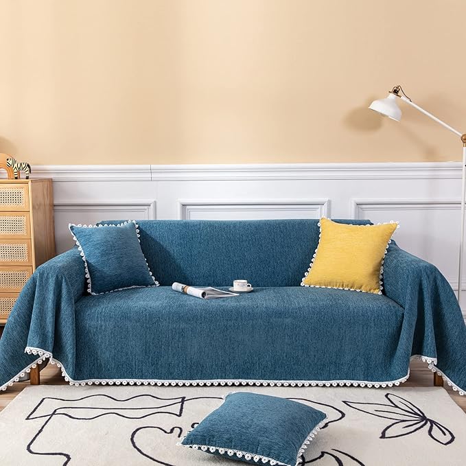 VClife Couch Cover Farmhouse Chic Dark Blue Couch Covers for 2 Cushion Couch Sofa - Washable Chenille Sofa Cover for Living Room Office RV Bedroom (71"X118") Gift for Christmas Thanksgiving Birthday
