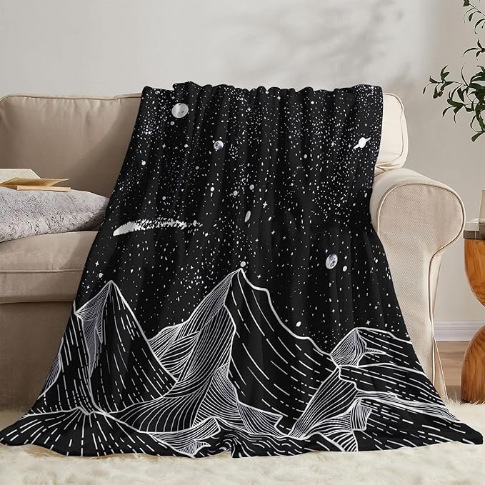Neasow Black and White Fleece Throw Blanket, Starry Night Mountain Moon and Stars Nap Blankets Gift Sofa Bed Couch Chair or Dorm Throws 40×50 inches