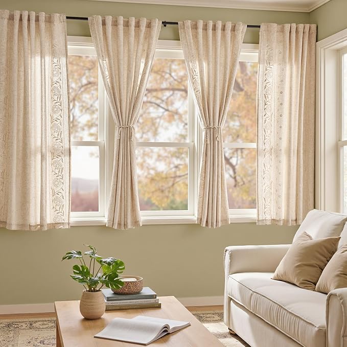 jinchan Winslow Lined Linen Curtains for Bedroom 63 Inches Linen Blended Embroidered Bordered Floral Curtains for Living Room Farmhouse Decor Window Treatments Ivory on Beige Drapes 2 Panels