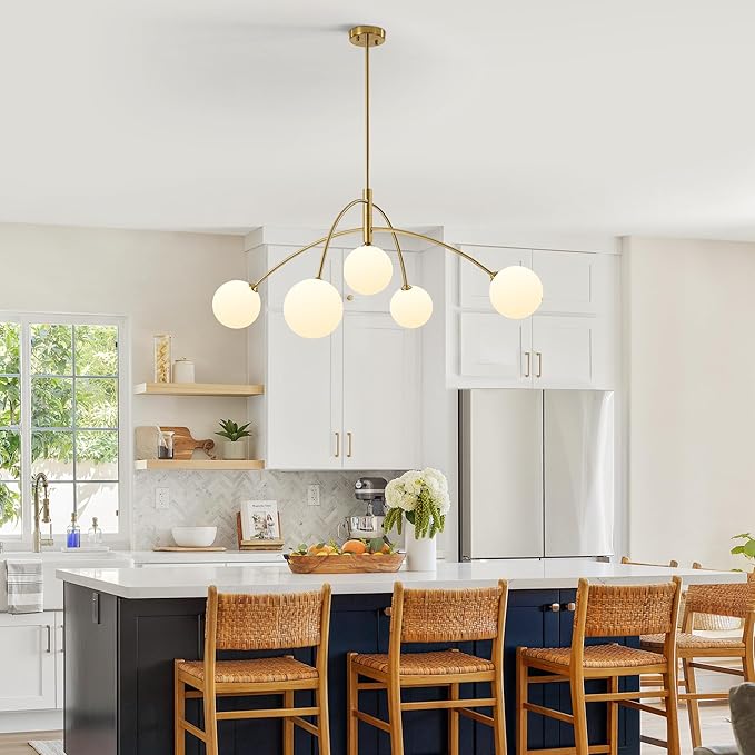 5-Light Gold Sputnik Chandelier for Dining Room Mid Century Modern Light Fixture with Milk Glass Globes, Adjustable Hanging Contemporary Pendant Lighting for Kitchen Bedroom Living Room