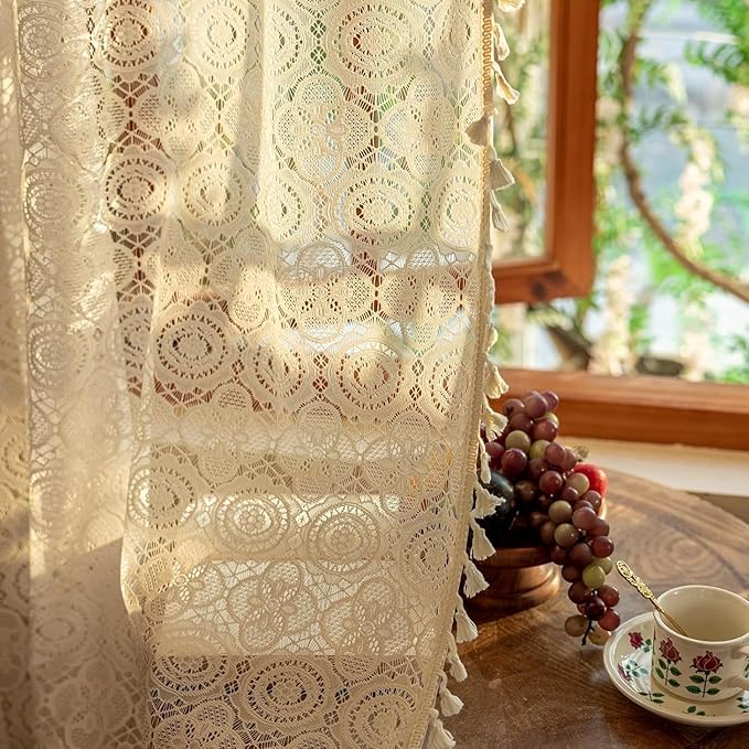 YJ YANJUN Boho Sheer Curtains 108 inches Long Antique Farmhouse Extra Long Floor to Ceiling Curtains Lace Voile Curtain for Patio Sliding Door Living Room Privacy 9ft 59" W x 108" L (Pack of 2)