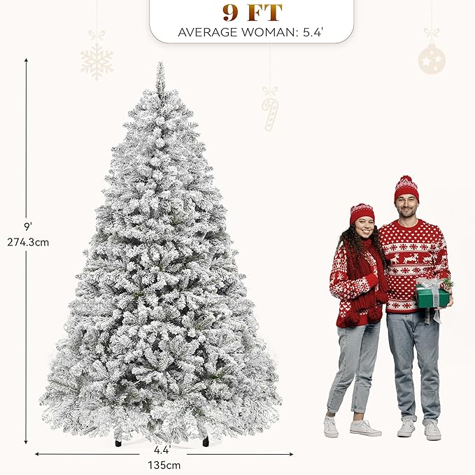 YITAHOME 9ft Prelit Snow Flocked Christmas Tree with Remote, Hinged Pine Christmas Tree with 900 Warm White/Multicolor Changing Lights, 2150 Branch Tips, and Foldable Base for Home, Party Decoration