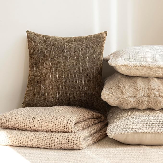 Foindtower Pack of 2 Soft Textured Chenille Throw Decorative Pillow Covers Square Accent Solid Cushion Cover Neutral Farmhouse Pillow Case for Couch Sofa Bedroom Living Room 26x26 Inch,Taupe Brown