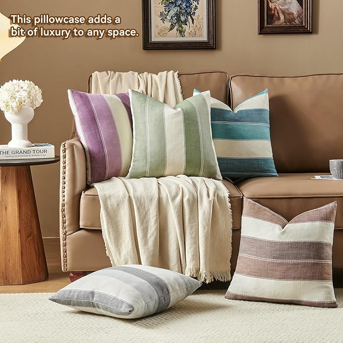 AmHoo Pack of 2 Farmhouse Stripe Check Throw Pillow Covers Set Case Cotton Linen Decorative Pillowcases Cushion Cover for Couch Bench Sofa 24x24 Inch Purple