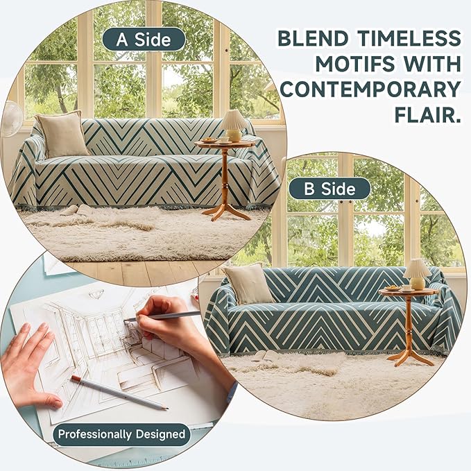 VClife Boho Farmhouse Couch Cover 71''x134'', 1 pc Washable Sofa Covers for 3 Cushion Couch Sofa Kids Soft Chenille Beige Green Herringbone Home Decor Couch Covers for Bed Sofa Living Room Slipcover