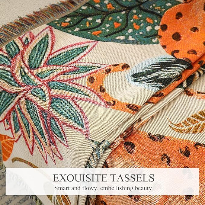 Double-Sided Cotton Woven Throw Blanket with Tassel Jungle Bohemian Style Tapestry Shawl Multi-Function Decorative Throws for Sofa Bed Armchair Camping Blanket Tablecloth Carpet 160x130cm