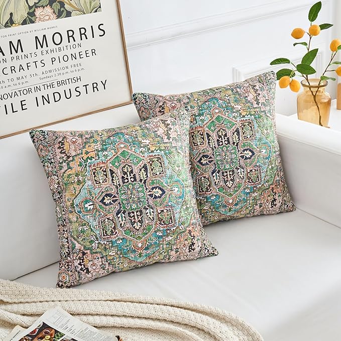 Boho Throw Pillow Covers 24x24 inch Set of 2,Boho Vintage Carpet Pattern Antique Ethnic Decor Double Sided Pattern Cushion Cover Soft Pillow Case Living Sofa Room Bed Square Pillow Cover