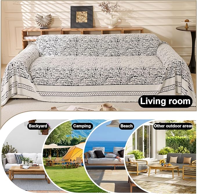 ROOMLIFE Thicked Striped Boho Black Couch Cover for 2-3 Cushion Sofa, Fuzzy Plush Warm Sofa Slipcovers Sectional Sofas Covers, Non Slip Washable Furniture Protector Soft with Tassel,Winter 71''X134”