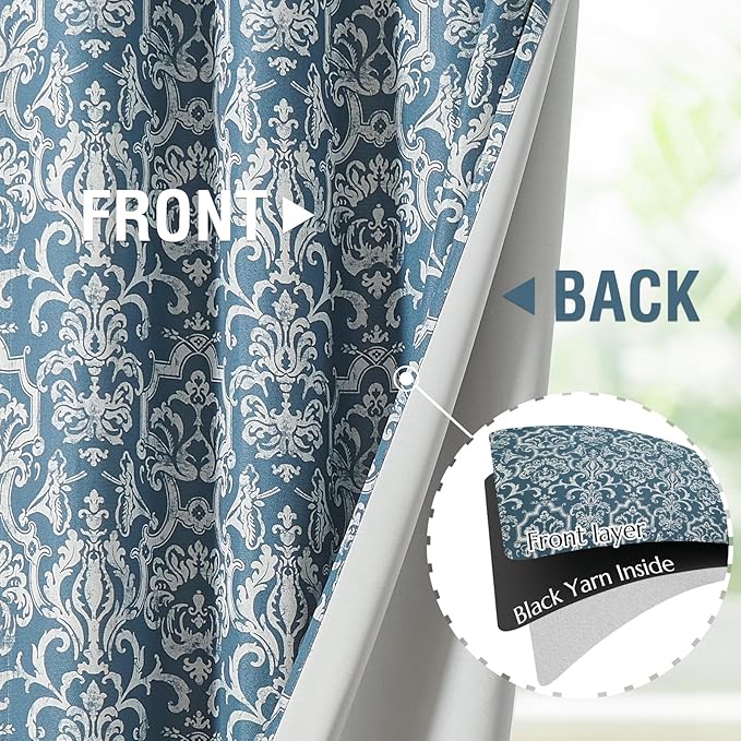 jinchan Blackout Curtains for Bedroom Blue Damask Patterned Curtains 84 Inch Length for Living Room Linen Vintage Drapes Medallion Window Treatments Grommet Top 2 Panels Set