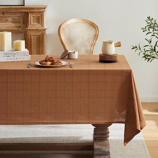 ZeeMart Linen Checked Table Cloth, Farmhouse Style Plaid Embroidered Caramel Tablecloth, Water Resistant Square Table Cloth, Caramel 60x60 Inches