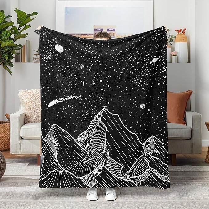 Neasow Black and White Fleece Throw Blanket, Starry Night Mountain Moon and Stars Nap Blankets Gift Sofa Bed Couch Chair or Dorm Throws 40×50 inches