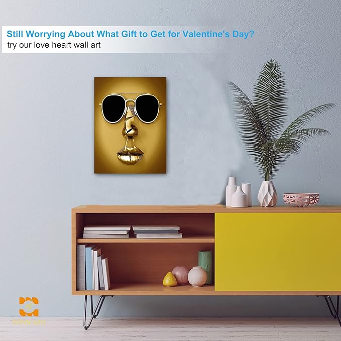 3D Metal Effect Wall Art - 3D Wall Art Decor Artwork Wear Sunglasses Golden Figure Statue Modern Art Canvas Painting, Large Wall Art for Bedroom Dercorations Framed 18”x24”x1Pcs