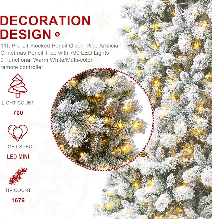 Glitzhome 11ft Prelit Artificial Christmas Tree, Flocked Pencil Christmas Tree with 700 Warm White/Multi-Color Lights, Remote Controlled Slim Pine Christmas Tree with Lights for Indoor Holiday Decor