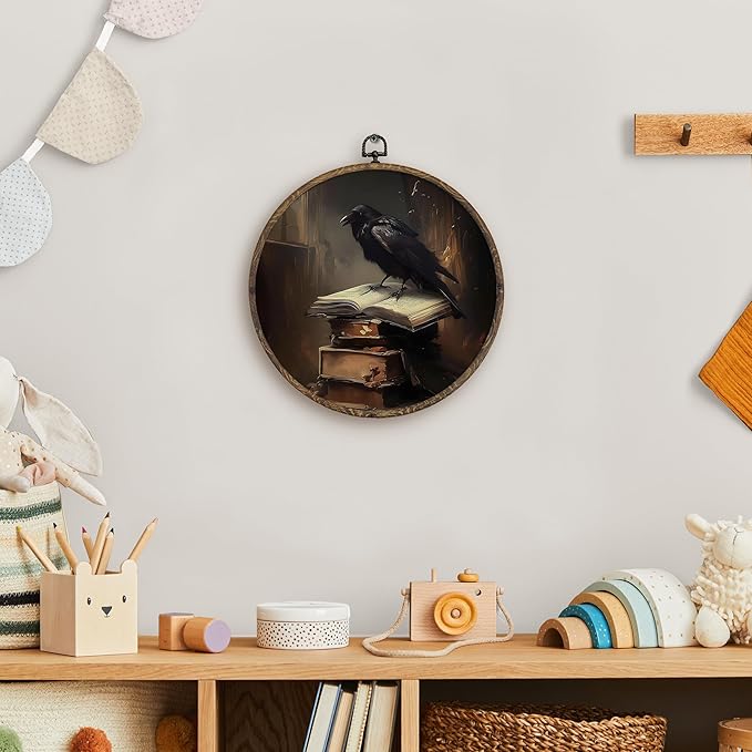 KFXHANGD Vintage Dark Academia Raven Round Wall Art Framed, Moody Black Crow Canvas Wall Art Decor, Gothic Black Raven Hanging Decor for Bedroom Living Room, 10x10inch