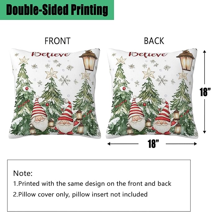 Christmas Pillow Covers 18X18, Christmas Tree and Gnomes Decorative Throw Pillow Covers, Winter Christmas Believe Snowflakes Pillow Cover Pillowcase Cushion Case for Home Sofa Couch Indoor Set of 2