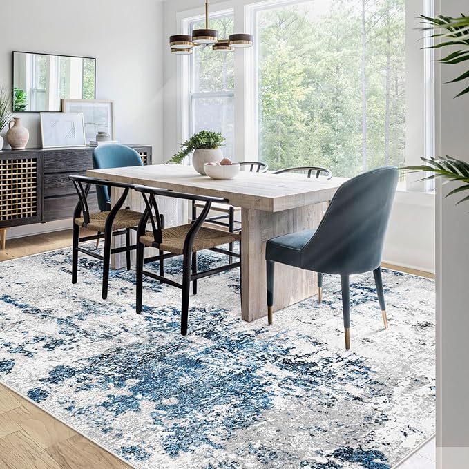 Living Room Rug 10x14 Rug, Machine Washable Modern Abstract Rug Soft Neutral Area Rug Non-Slip Stain Resistant Large Rugs for Living Room Dining Room Bedroom Dorm Office(Grey Blue,10'x14')
