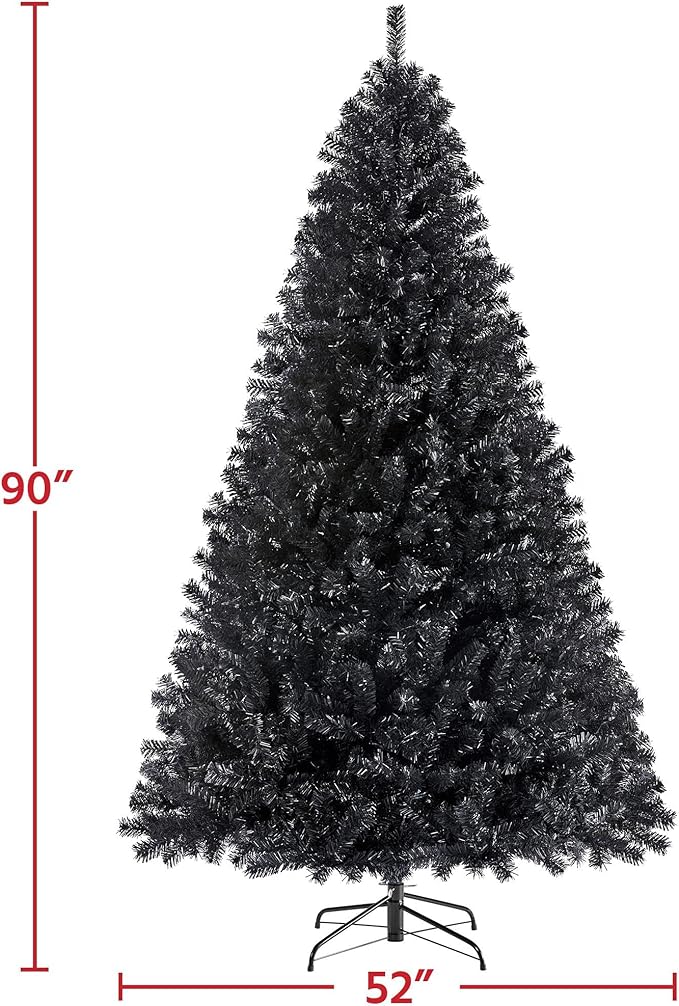 Yaheetech 7.5Ft Pre-Lit Halloween Black Artificial Hinged Christmas Pine Tree Prelighted Xmas Tree for Home Party Holiday Decoration with 550 Clear Warm White Lights and 1354 Branch Tips