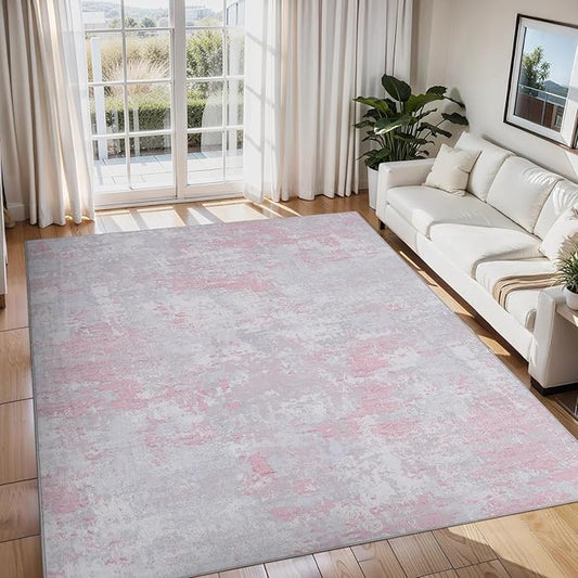 Modern Abstract Area Rug 3x5 Non Slip Non Shedding Rug Low Pile Stain Resistant for Bedroom Living Room,Grey Pink