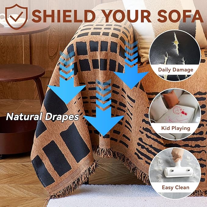 VClife Boho Sofa Cover Black Checkered Couch Cover for 2 Cushion Couch Sofa Chenille Sofa Couch Cover Loveseat Cover, Luxury Pumpkin Couch Sofa Cover for Dog, Anti-Slip, Breathable, Thick