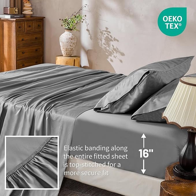 MEISHANG 1000 Thread Count Cotton Sheets California King - 100% Egyptian Cotton, Sateen Weave, Soft & Breathable, Oeko-Tex Certified, 16" Deep Pockets - 4 Piece (Cal King, Silver Grey)