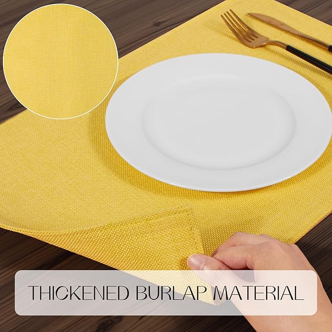 Romanstile Cloth Placemats Set of 8-12 x 18 Inch, Heat Resistant Double Layered Thickened Burlap Place Mats, Washable Faux Linen Farmhouse Table Mats for Kitchen/Dining/Party/Outdoor, Yellow