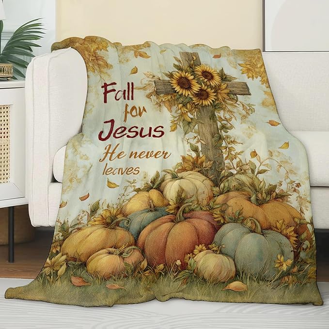 Christian Fall Blanket,Inspirational Gifts for Believer,Soft Lightweight Flannel Throw Blankets,Pumpkin Sunflower and Cross Throws Autumn Home Decor,for Camping Living Room Office,60x50inch