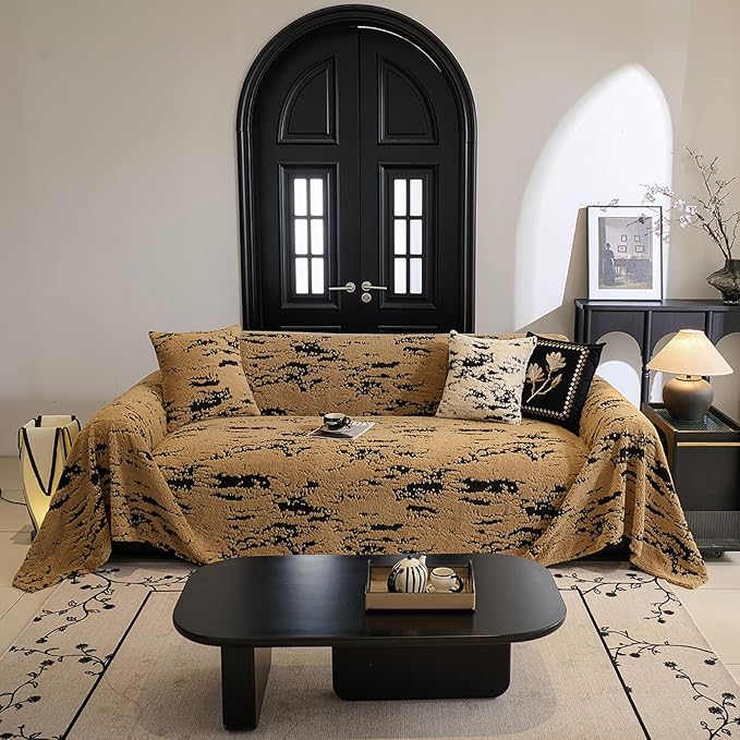 ROOMLIFE Striped Boho Khaki Couch Cover for 2-3 Cushion Sofa, Fuzzy Plush Warm Sofa Slipcovers Sectional Sofas Covers, Non Slip Washable Furniture Protector Soft with Tassel,Winter 71''X134”