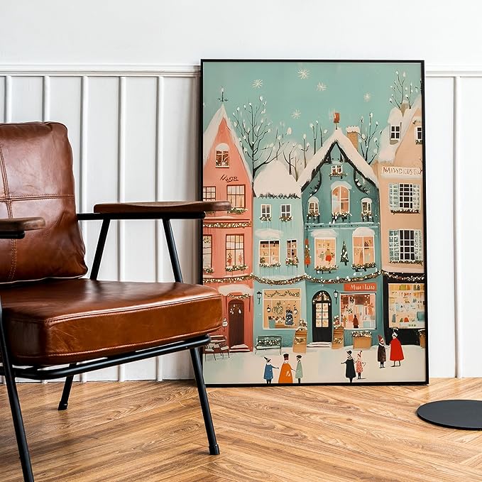 OZCONO Retro Winter Town Art, Pastel Christmas Village Decor, Xmas Print, Cozy Holiday Home Accent, Seasonal Wall Artwork for Festive Interior Style (Unframed) (11x14)