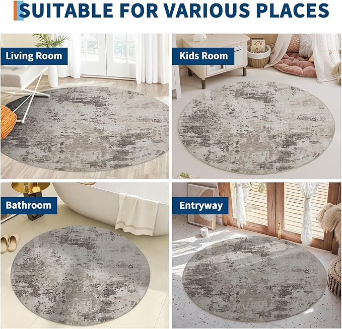 Modern Abstract 8x8 Round Area Rug Non Slip Non Shedding Rug Low Pile Stain Resistant for Bedroom Living Room Office Dining Room,Brown Grey