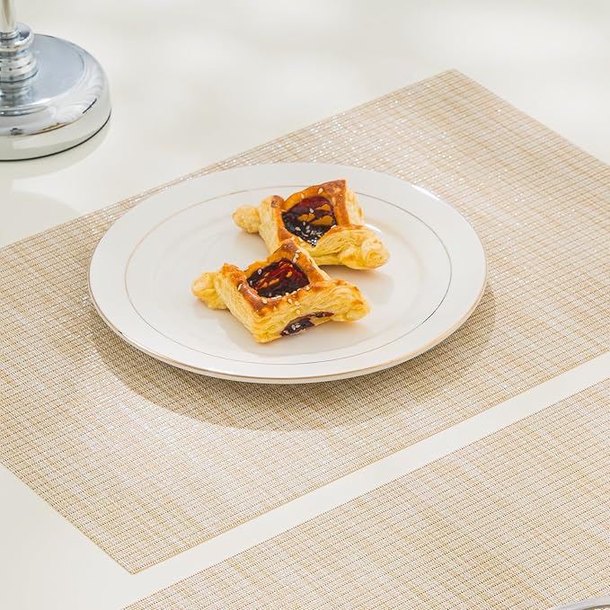 BACKTOEDEN Placemats Set of 6 Heat Resistant Washable Wipeable Placemat Woven Non-Slip Foldable Vinyl/Plastic Place Mats Indoor/Outdoor Mat Kitchen Dining Table Pad, Beige Silver Line