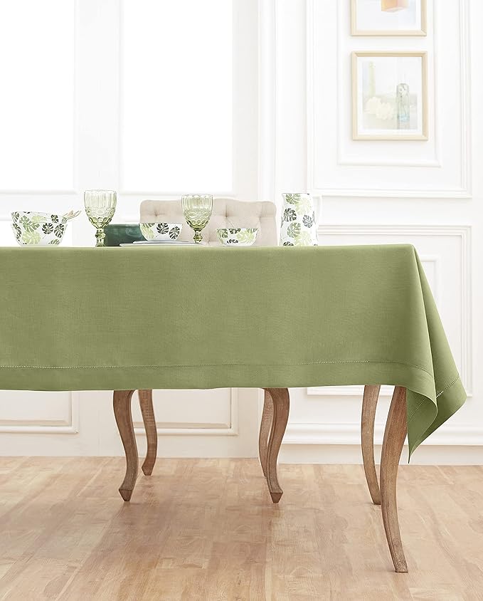 Solino Home Linen Moss Green Tablecloth 60 x 108 Inch - Classic Hemstitch, 100% Pure Linen Rectangular Tablecloth - Machine Washable Table Cloth for Fall, Autumn, Thanksgiving, Winter