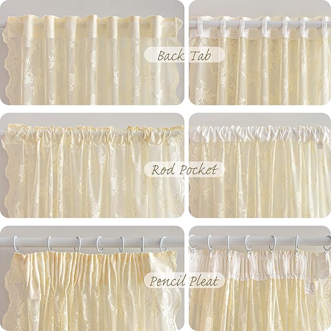 MEETSKY Vintage Lace Sheer Curtains 45 Inches Long for Small Windows French Victorian Spring Floral Pattern Design Light Filtering Back Tab Rod Pocket Drapes, 50" W Each Panel, 2 PCS, Light Yellow