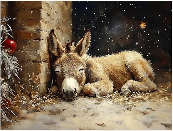 Rustic Holiday Wall Art,Christmas Donkey Nativity Print,Vintage Christian Christmas Religious Prints for Church Cottagecore Decor