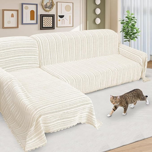 ALIECOM Boho Couch Covers for Sectional Sofa 2 Piece Thick Chenille L Shape Sectional Sofa Cover for Dogs Couch Cover Blanket Sofa Slipcovers Pet Furniture Protector Washable (X-Large, Lines Khaki)