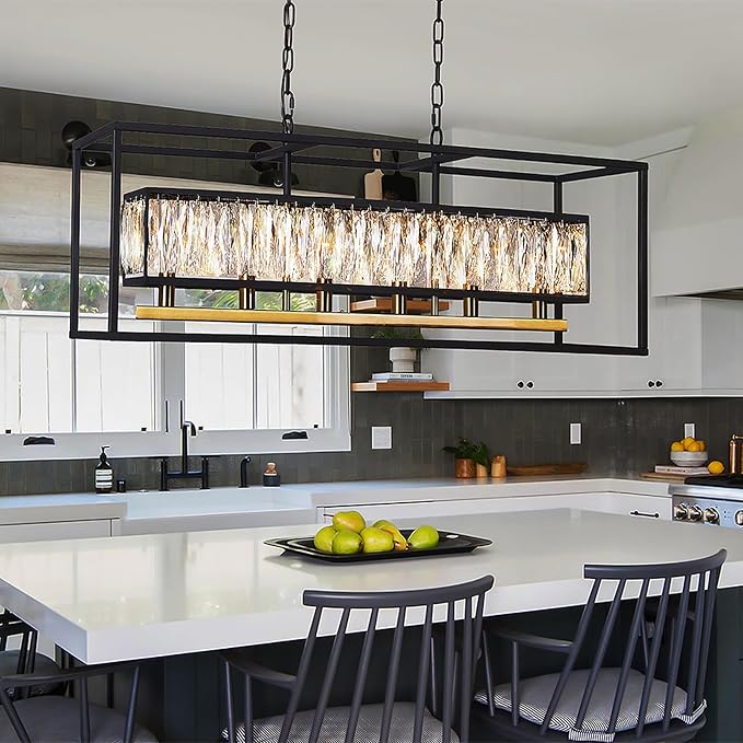 Vezzio Crystal Chandeliers for Dining Room Modern Crystal Chandelier 6-Light Rectangle Contemporary Pendant Light Fixture for Kitchen Island Bar L35 Inch