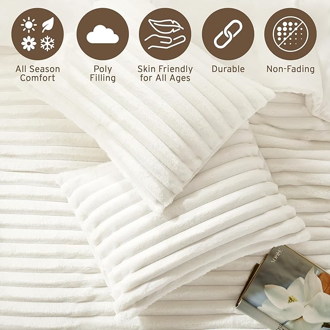 Intelligent Design King Comforter Set, Plush Bedding, Microfiber Reverse, 3 Piece, Lightweight, Super Soft Ribbed Velvet Comforter 2 Shams, All Season Fluffy Bed Set, Avril, King/Cal King Ivory