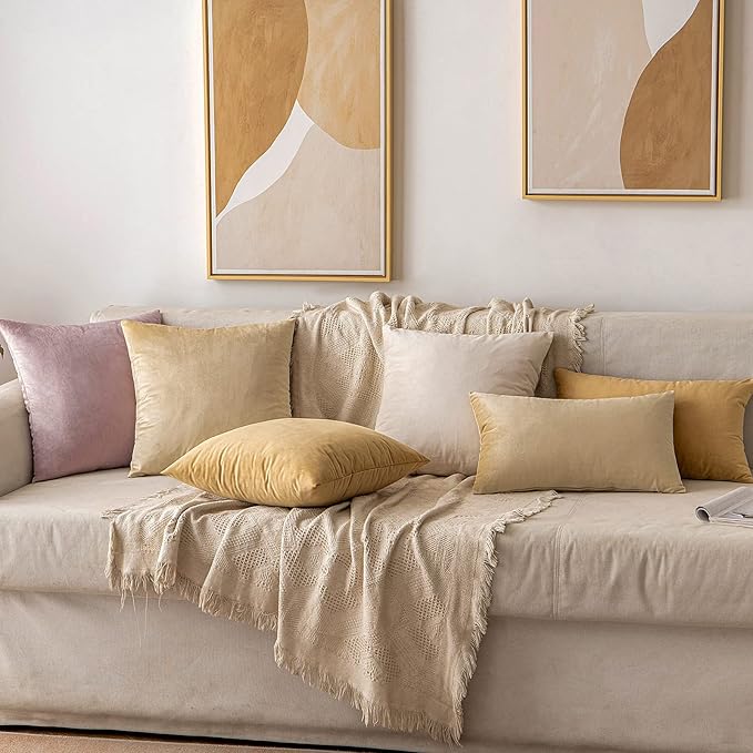 MIULEE Pack of 2 Beige Velvet Throw Pillow Covers 12x20 Inch Soft Solid Decorative Set Lumbar Cushion Cases for Spring Couch Sofa Bedroom