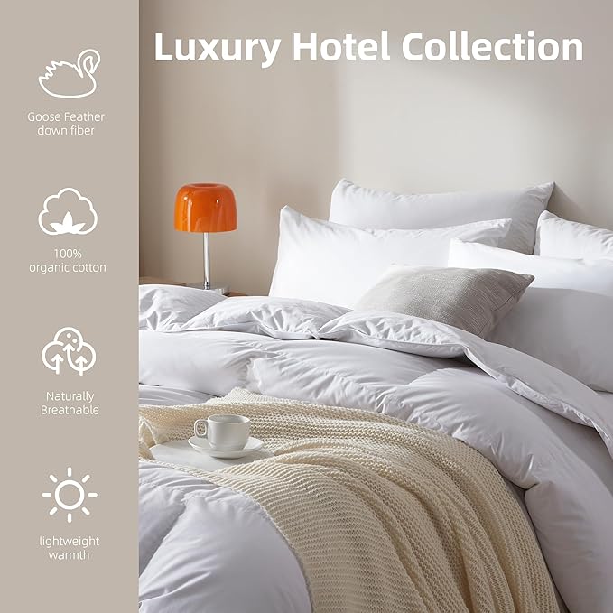 Goose Feather Down Comforter Queen Size,100% Organic Cotton Duvet Insert,All-Season Luxury Duvet Insert with Baffle Box Design, 750+Fill Power Hotel Collection Bedding Comforter