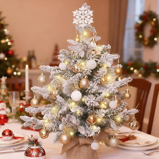 2ft Snow Flocked Prelit Small Christmas Tree Decorations with 35 Dual-Color LED Lights, Lighted Mini White Xmas Tree Artificial for Tabletop Mantle with 157 Tips, Burlap Base,Battery-Operated