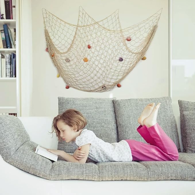 Fish Net Wall Decor with Shells - Fishing Net Decorative Nautical Mediterranean Style Cotton Photo Hanging Display Frame for Christmas Birthday Party Decorations Ornaments 79 x 40 Inch