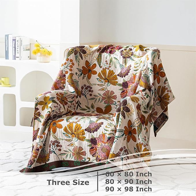 Boho Throw Blanket for Bed 100% Cotton Ultra Soft Rustic Quilt Floral Printed Farmhouse Decor Fall Bed Blankets,60"×80" All Season Rustic Throw for Sofa Couch Chair