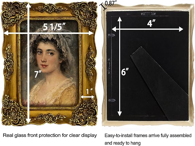 4x6 Picture Frame Gold Vintage Victorian Picture Frames Ornate Antique Baroque for Wall or Tabletop Small Bronze with Glass Front