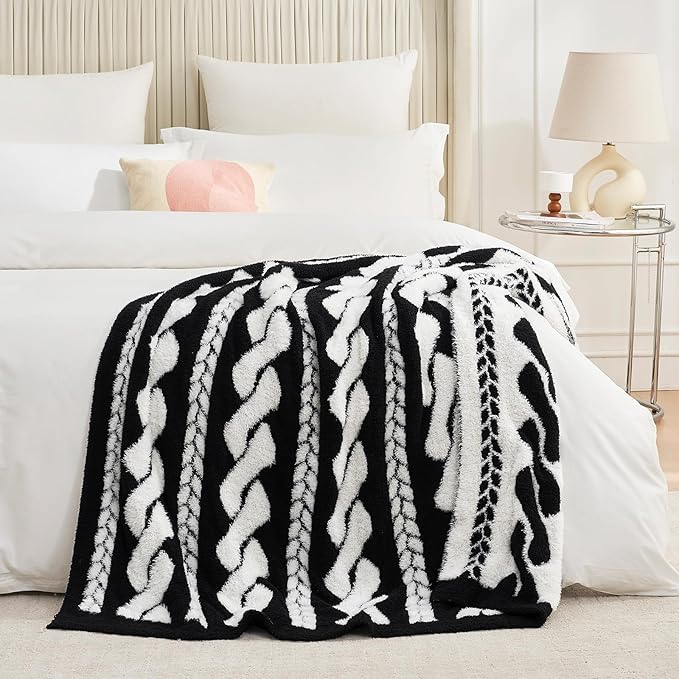 Amélie Home Cable Knit Throw Blanket for Couch, Bicolour Super Soft Fuzzy Blanket for Sofa, Luxury Cozy Fluffy Throw for Room Decor, 50" x 60", Cable Black & White