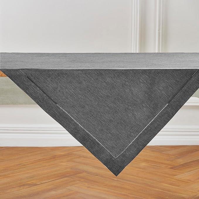 Solino Home Linen Tablecloth 52 x 52 Inch - 100% Pure Linen Charcoal Grey Square Tablecloth - Milan Hemstitch, Machine Washable Table Throw for Fall, Autumn, Winter, Thanksgiving, Christmas