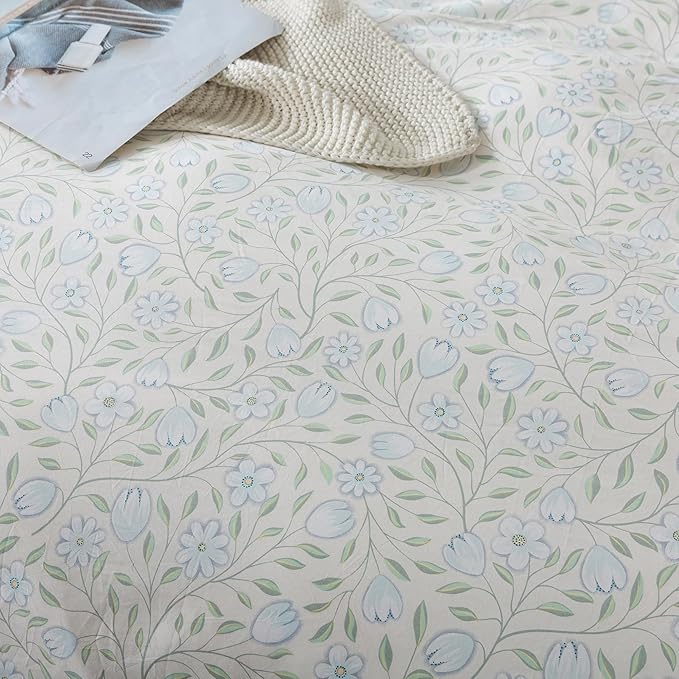HoneiLife Floral Duvet Cover Queen - 100% Cotton Comforter Cover, Soft & Breathable Bedding Duvet Cover Sets with Zipper Closure & Corner Ties, 3-PC Wildflower Comforter Cover Sets, Early Summer
