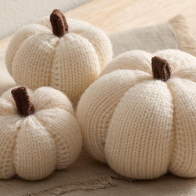 Your Heart's Content Cozy Mini Knit Set of 3 Ivory Pumpkins, Table top décor, Fall Accent Bowl Filler, tablescape, New Apartment Fall Gift (Snowdrop Multi-Size Set)