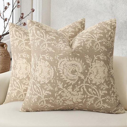 Vintage Floral Print Throw Pillow Covers 18x18 Set of 2 Neutral Modern Farmhouse Pillowcases Accent Decorative Cushion Covers Boho Home Decor for Couch Sofa Chair Bed Living Room, Latte
