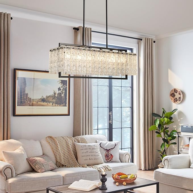 Shrine Lighting Crystal Chandeliers, Modern Luxury Style, Perfect Pendant Light Fixture for Living Space, D20'' × H4'', Adjustable 43'', 6 x E12 Sockets, Glass Shade & Black Finish Frame