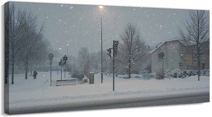 GUTTATY Christmas Winter Scene Canvas Wall Art, Snowy Street Canvas Prints, Tranquil Outdoor Winter Pictures Wall Decor, Seasonal Hanging Artwork for Living Room, Bedroom, Office, 16x8 Inch